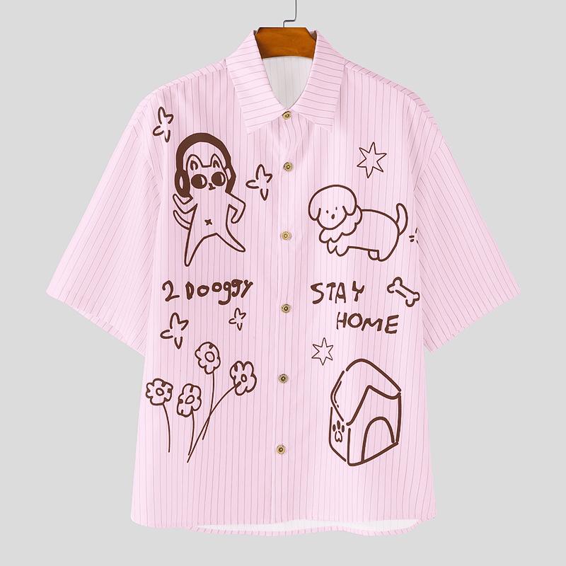 INCERUN Luźne Męskie Koszule Casual z Kołnierzykiem, Krótkim Rękawem i Paskami z Kreskówkowym Wzorem