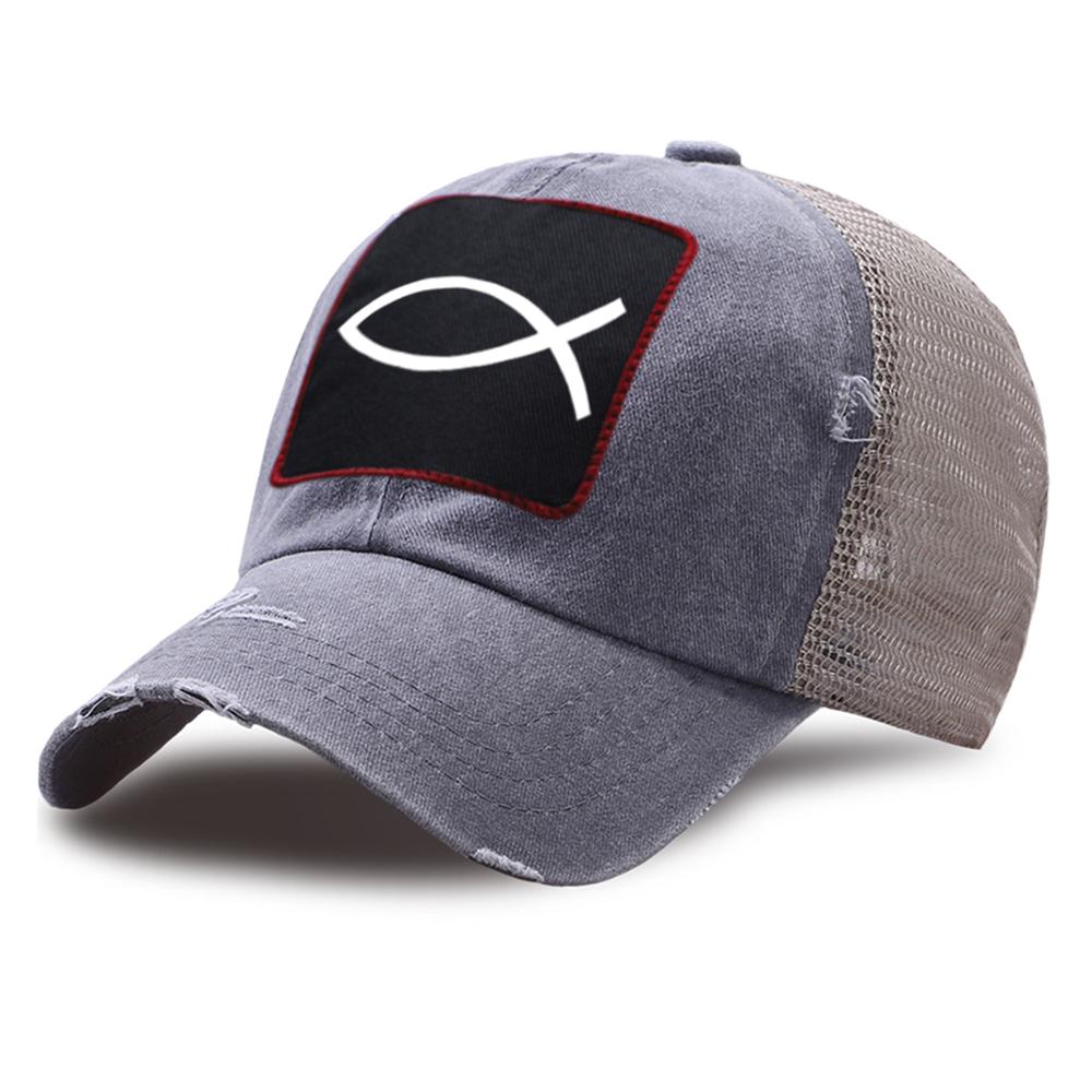 JESUS FISH Print Harajuku Trucker Hat Men Cotton Breathable Mesh Baseball Breathable Caps Women Summer Outdoor Snapback Hat