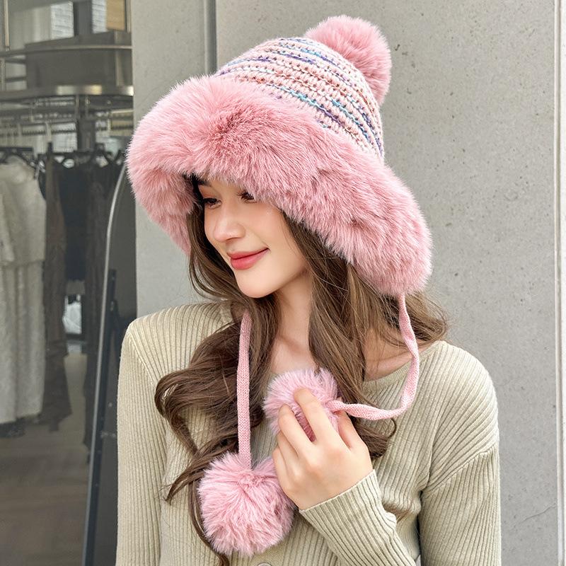 

Уличная теплая флисовая двухслойная вязаная шапка, зимняя ветрозащитная шапка для защиты ушей из шерсти, утолщенная шапка розовый