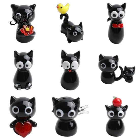 Glass Mini Black Cat Miniature Tiny Colored Ornament Cute Animals Kitty Figurine for Desktop Bookshelf Fairy Garden Micro Landscape Decor Animal Party