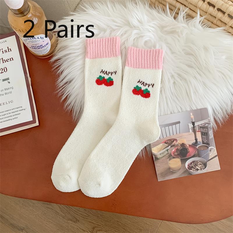 2 Pairs of Autumn and Winter Color-blocking Mid-calf Socks for Women, Thickened Warm Cartoon Cute Cotton Socks, Versatile Pile Socks
