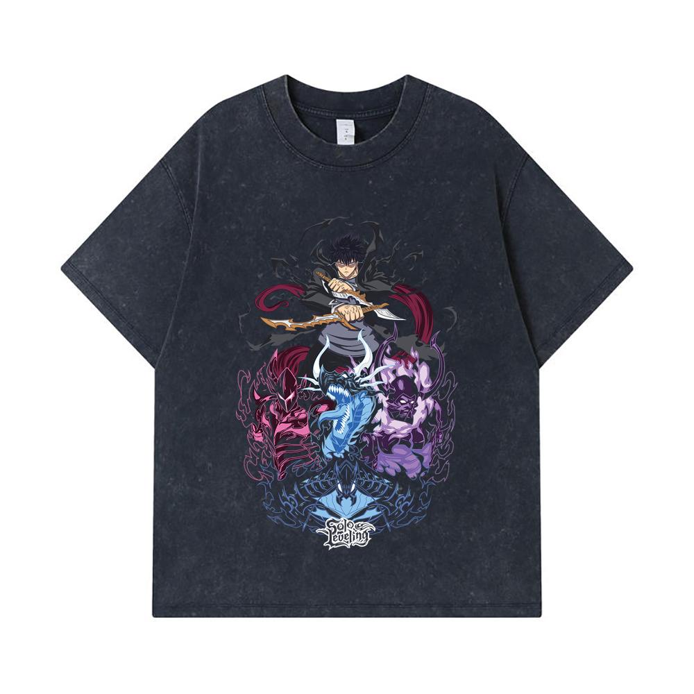 275 GSM Washed T-shirts 100% Cotton Solo Leveling V15 Print Unisex Heavy Cotton T Shirt