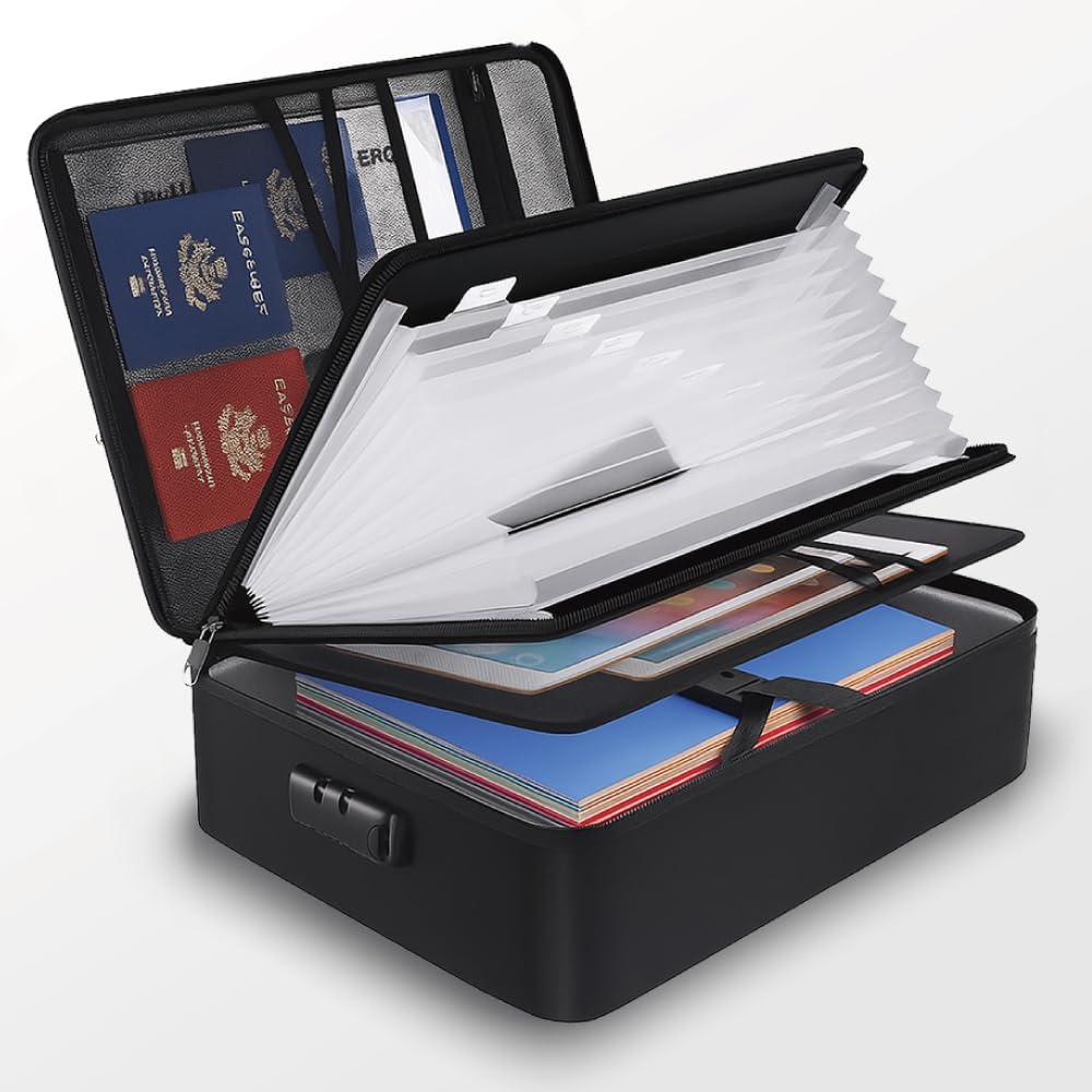 

YULUQ Огнестойкая и водонепроницаемая сумка для документов с замком (Папка-гармошка А4, Черная) чёрный