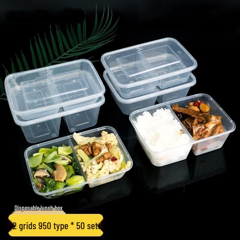 HANDUNYOU Disposable 2-Compartment Plastic Lunch Boxes with Lids
