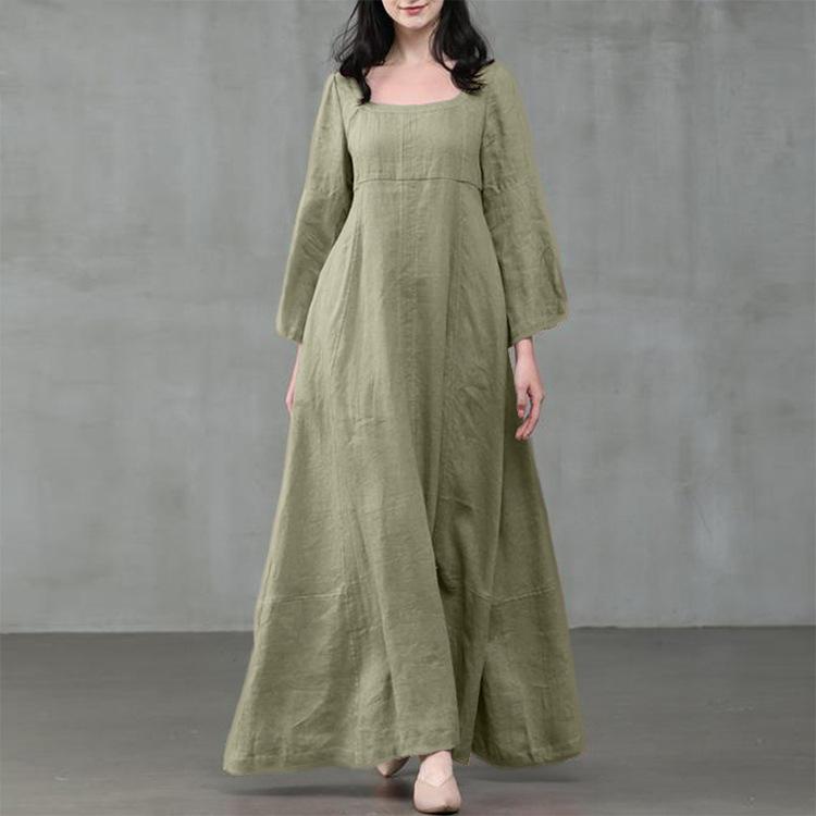 Women Autumn Retro Square Neck Maxi Dress, Long Flare Sleeve Loose Fit National Style Big Swing Hem Casual Long Dress