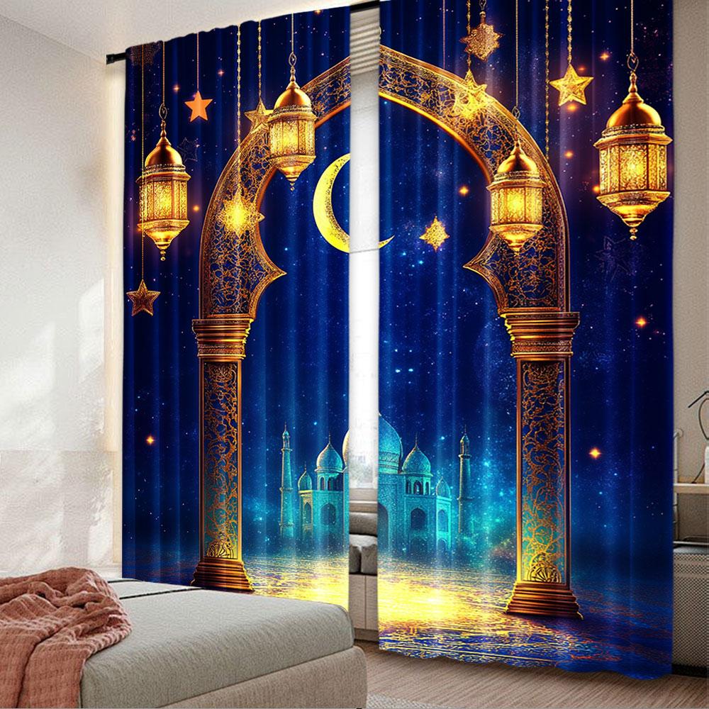 

2Pcs Curtain Islamic Traditional Lanterns Backdrop Golden Dome Profile Moon Stars Decor For Living Room Bedroom 100*130 Grommet Top 1pcs