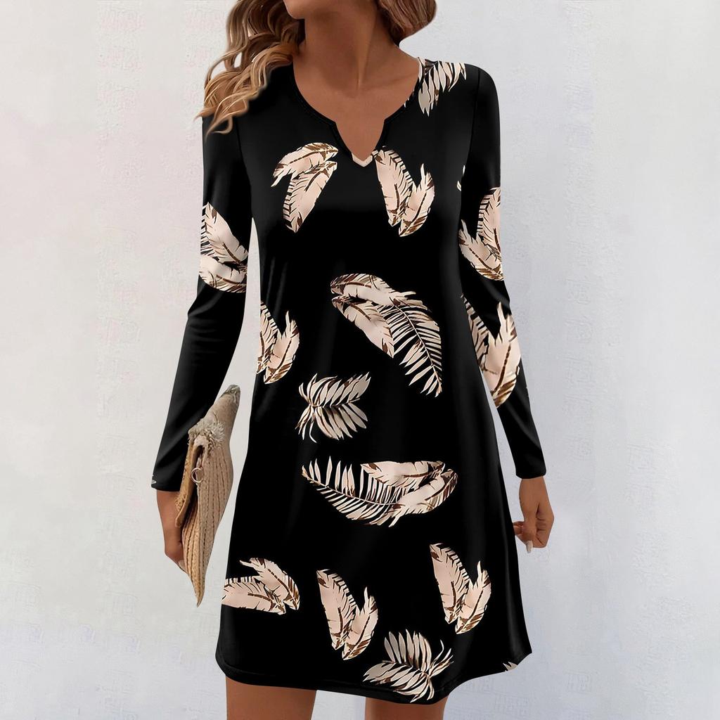 Women's Long-sleeved Casual Midi Dresses V-Neck Print  Casual Dress