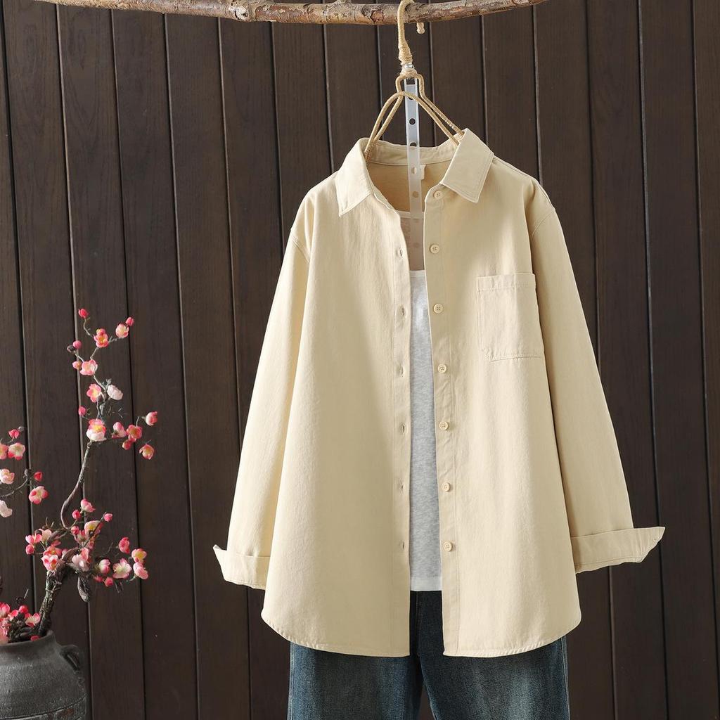 Women's Artistic Brushed Cotton Long-Sleeve Shirt, Autumn 2025 New Arrival, Loose Casual Mid-Length Top