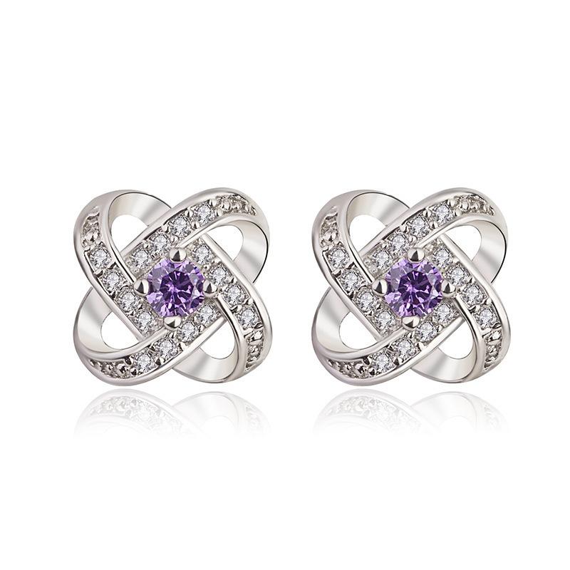 Women Silver Tone Interwoven Celtic Knot Round Zircon Hollow Stud Earrings