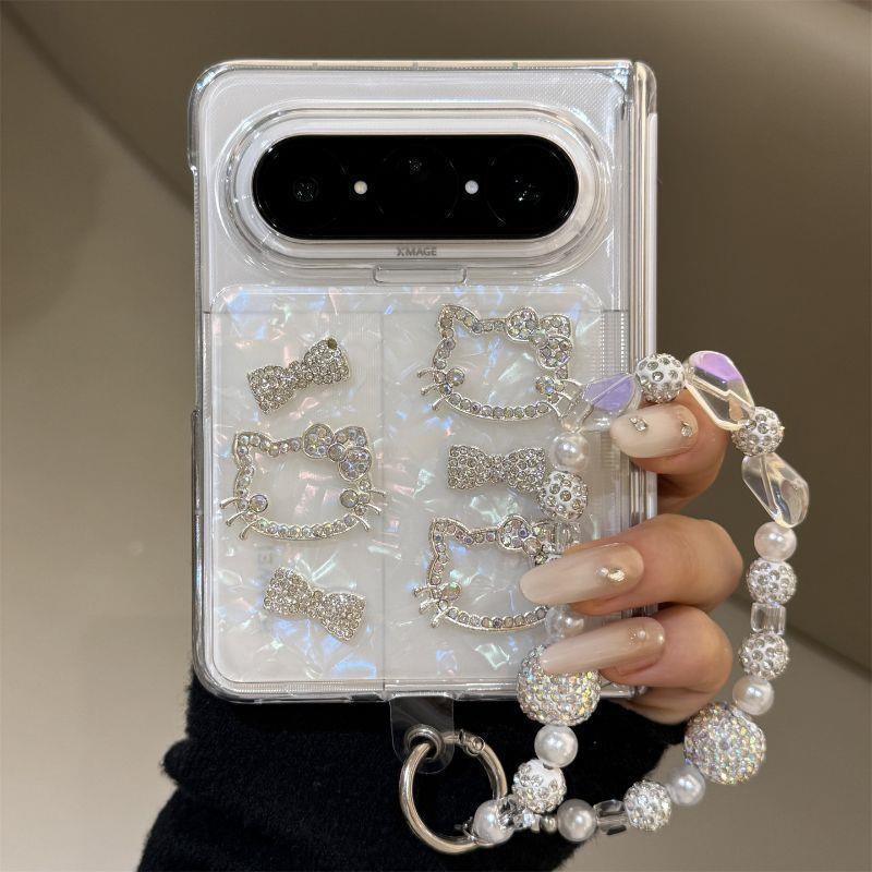 Kawaii KT Cat Makeup Mirror Phone Case Pura X Max Foldable Dual Hinge Shockproof TPU Cover With Chain