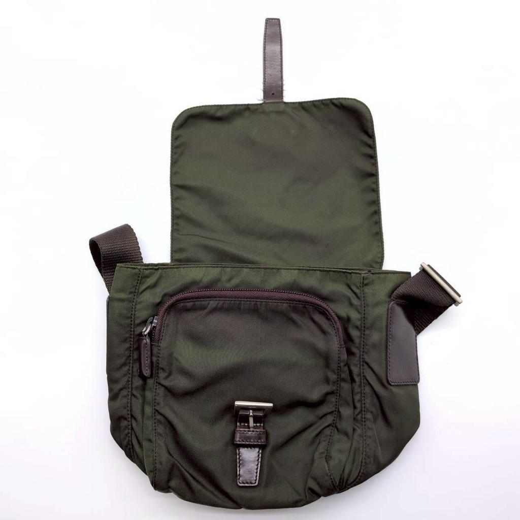 PRADA Tessuto Nylon Shoulder Messenger Bag Crossbody Khaki Dark Green Triangle Logo Plate