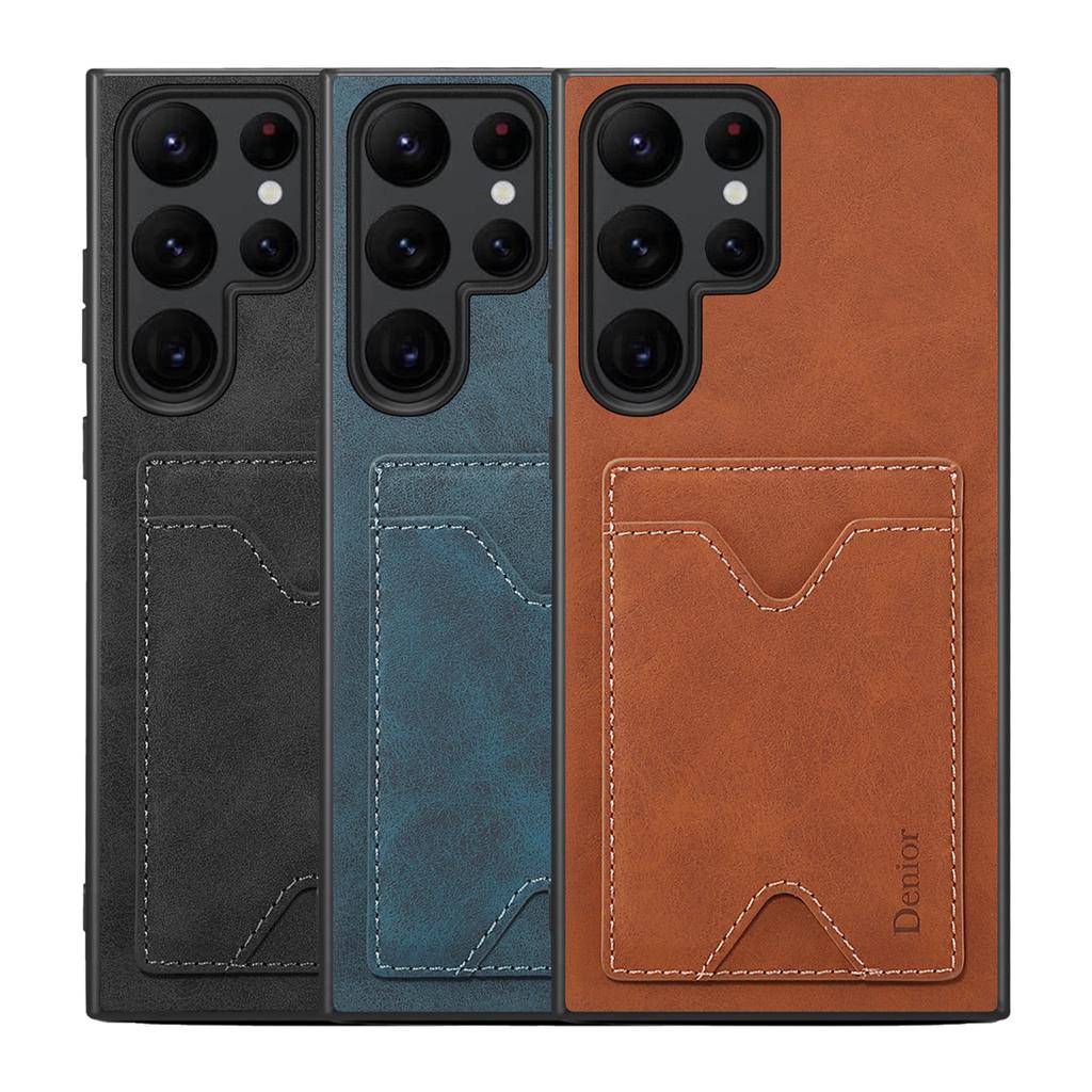 DENIOR For Samsung Galaxy S25 Ultra Case Card Holder Kickstand Leather + PC + TPU Phone Cover