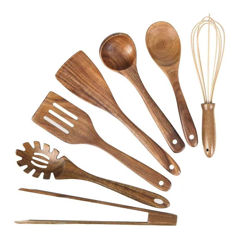 Teak 9-Piece Kitchen Set: Solid Wood Spatula, Spoon, Fork, Non-stick Pan, Acacia Wood Utensils, Long Handle Pot & Vegetable Spatula