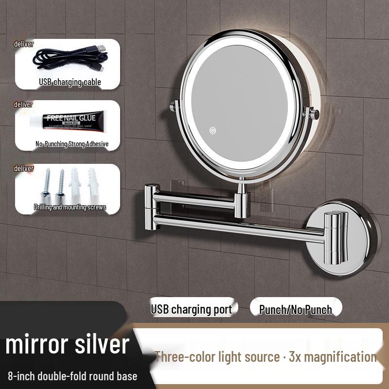 Wall-Mounted Foldable Vanity Mirror with Lights (Double-Sided, Punch-Free Installation) for Bathroom.