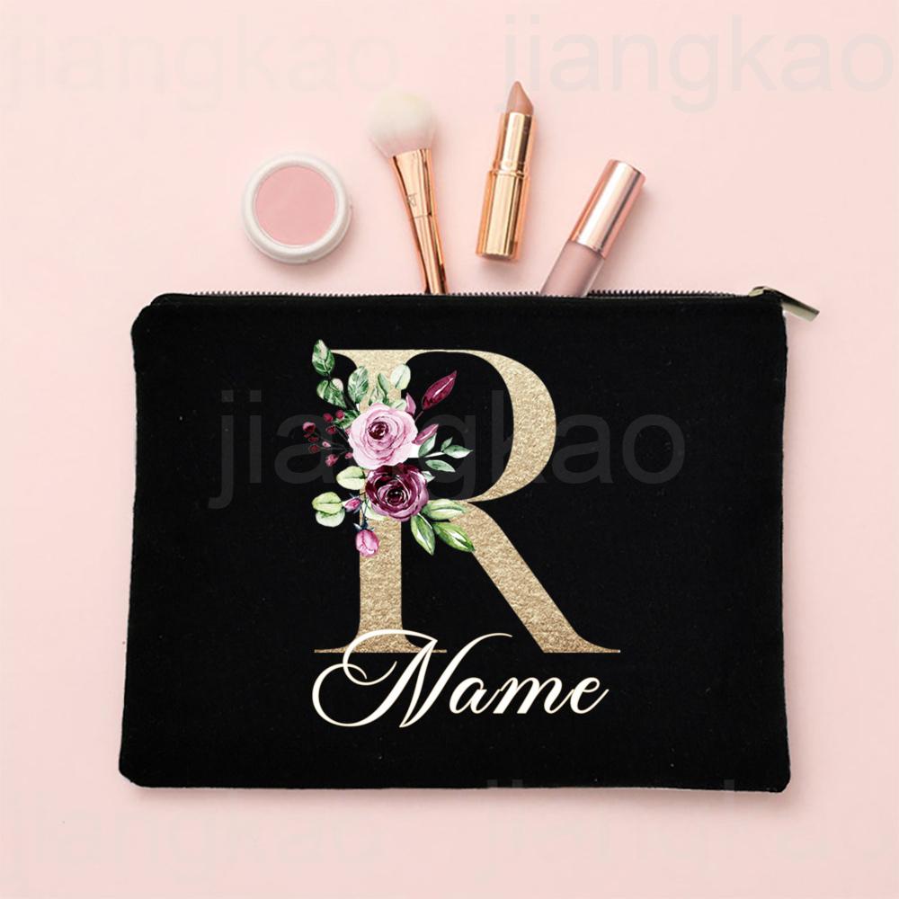 Personalised Letter with Name Makeup Bag Bridal Cosmetic Case Canvas Monogram Toiletry Bags Birthday Wedding Bridesmaid Gifts