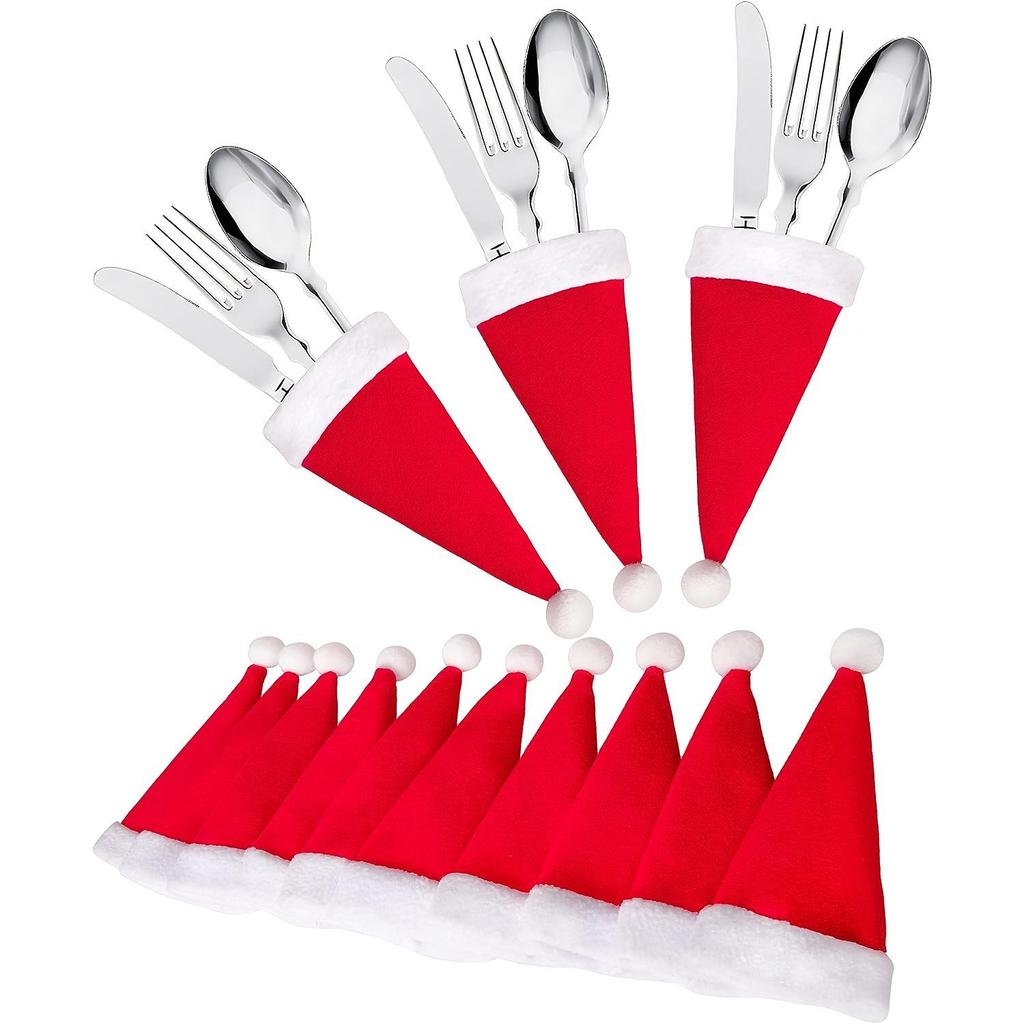 12pcs Red Christmas Mini Hat Cutlery & Wine Bottle Sleeves - Table Decoration Supplies