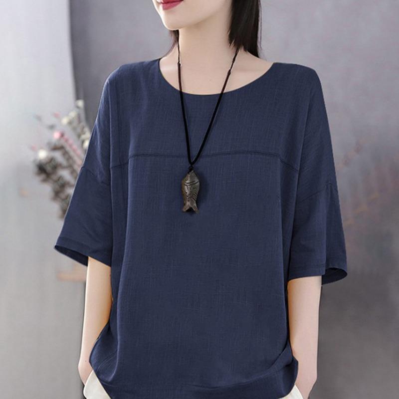 Summer  Artistic Style Solid Color Casual Short Sleeved Cotton Linen Loose Base Shirt Plus Size Women's T-shirt