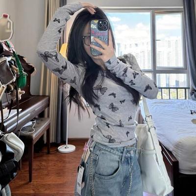 Automne Hiver Col O Imprimé Papillon Manches Longues T-shirt à Fond Femmes Manches Longues T-shirt Slim Pull Haut