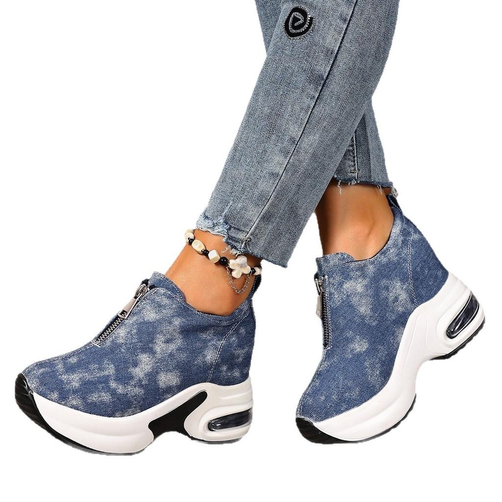 Casual Denim Platform Sneakers With Zipper Closure For Womens Autumn Walks