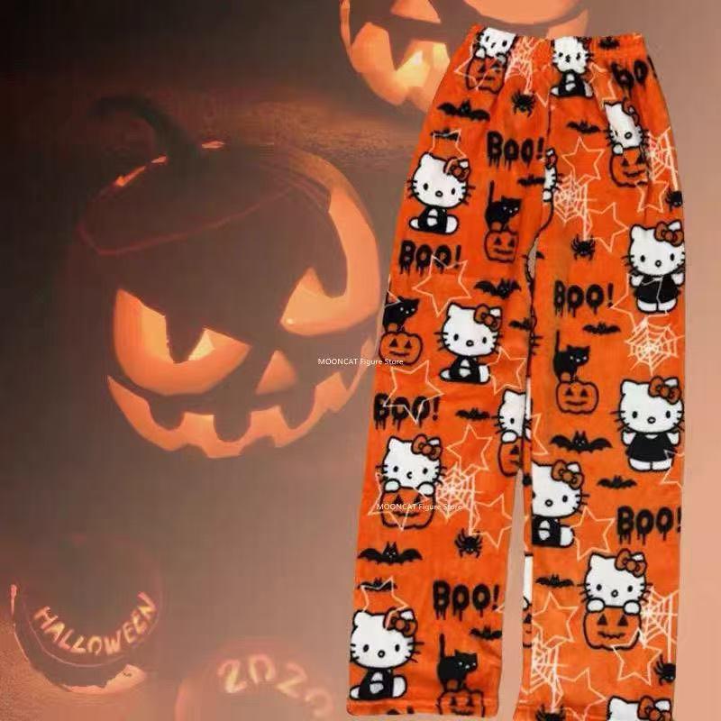 Halloween Cartoon Katze Flanell Schlafhose - Damen Warme Samt Homewear für Herbst/Winter