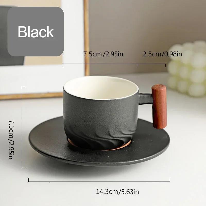 Creative Handmade Vintage Coffee Cup with Saucer Set Exquisite Wooden Handle Ceramic Mugs Light Luxury Breakfast Milk Tea Cups