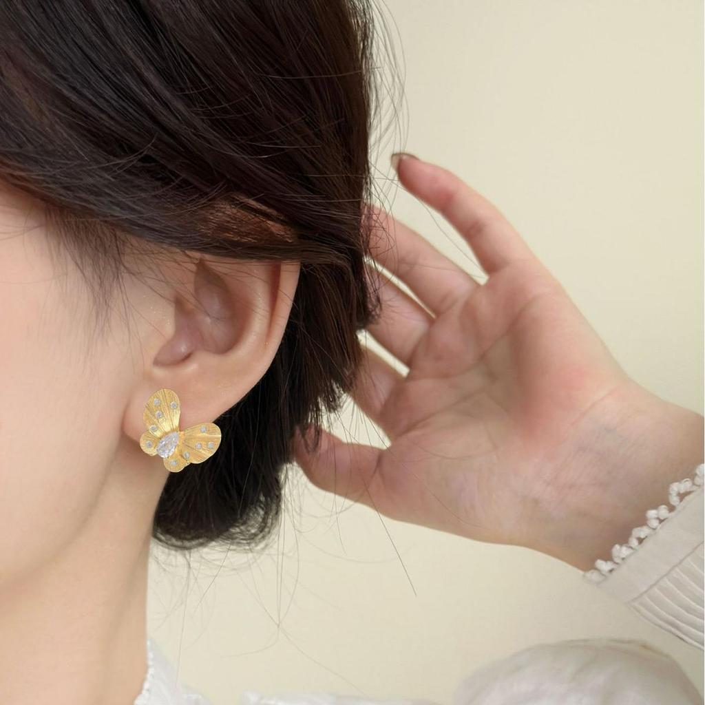 Elegant Butterfly Stud Earrings: Copper Alloy with S925 Silver Needle, Micro-Inlaid Design