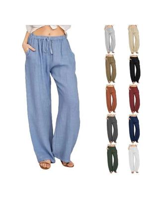 2025 New Women Cotton Linen Pants Fashion Elastic Waist Lace Up Pockets Wide Leg Trousers Ladies Casual Harajuku Straight Pants