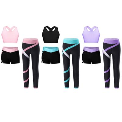 Ensemble de sport 3 pièces pour enfants et filles, col en U, dos croisé, gilet court avec pantalon de couleur contrastée, short pour la course, l'entraînement et le yoga