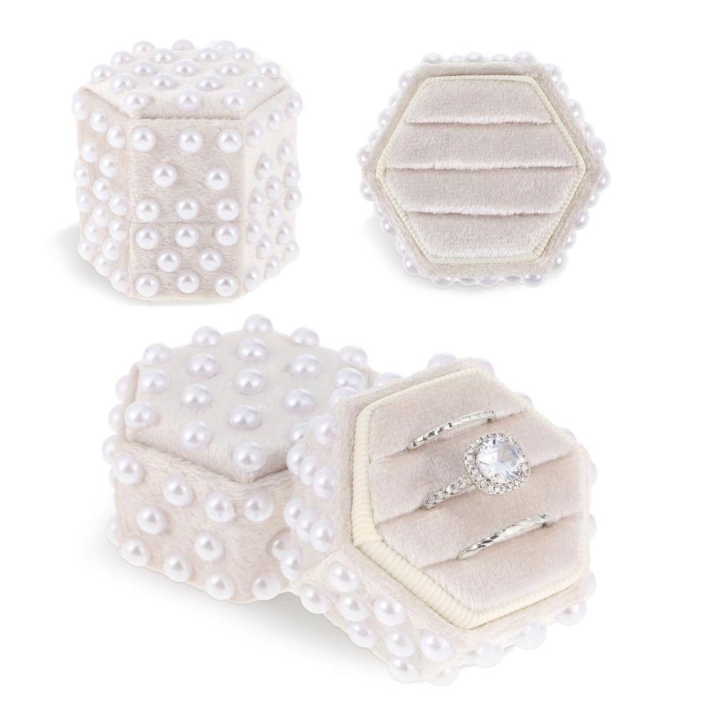 Pearl Velvet Ring Box 2/3 Slots Hexagon Elegant Jewelry Box with Detachable Lid Wedding Decor Rings Display Holder