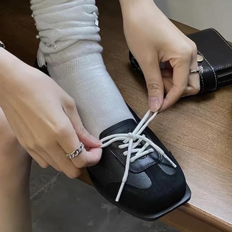 Fashion Novelty Lace Up Ballet Sneaker Flats Women Square Toe Splicing Design British Style Mary Jane Shoes Cozy Non-Slip Designer Pumps