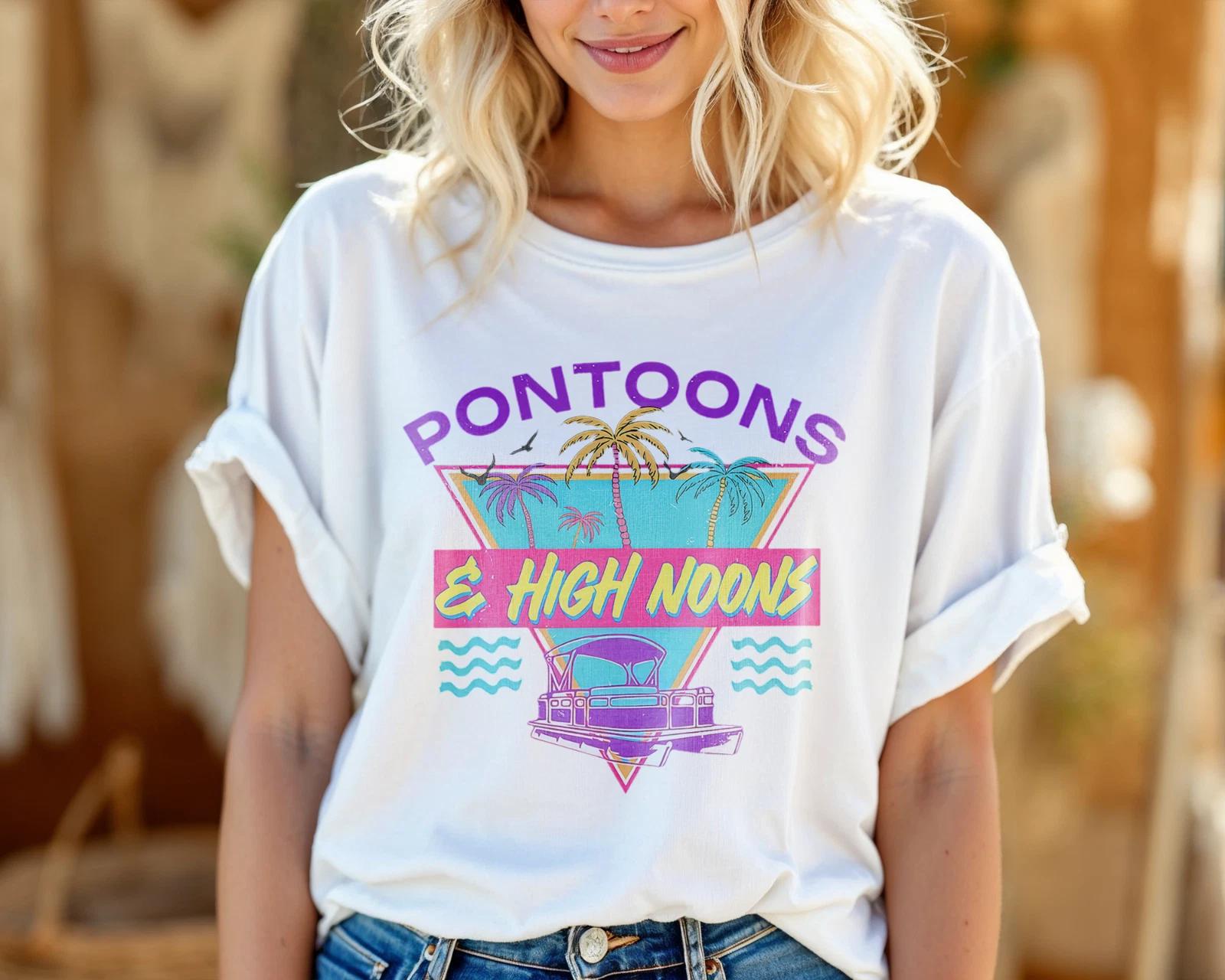 Pontoons & High Noons Shirt – Retro Boat Party Summer Graphic Tee A432 S