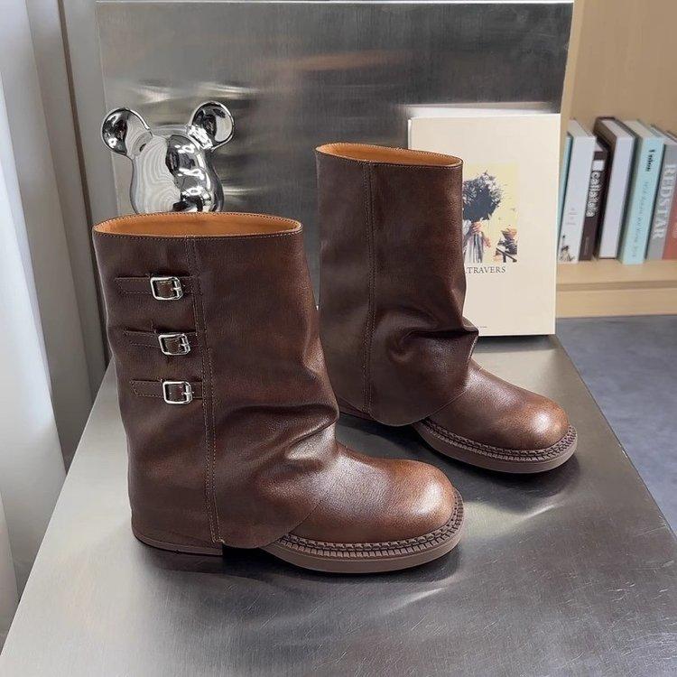 

Модные ботинки на толстом каблуке с квадратным носком, ботинки-трубы, 2025 новинка, ранняя осень, средняя труба, повседневные рукава, короткие ботинки, ботинки на платформе, женские ботинки 40 коричневый