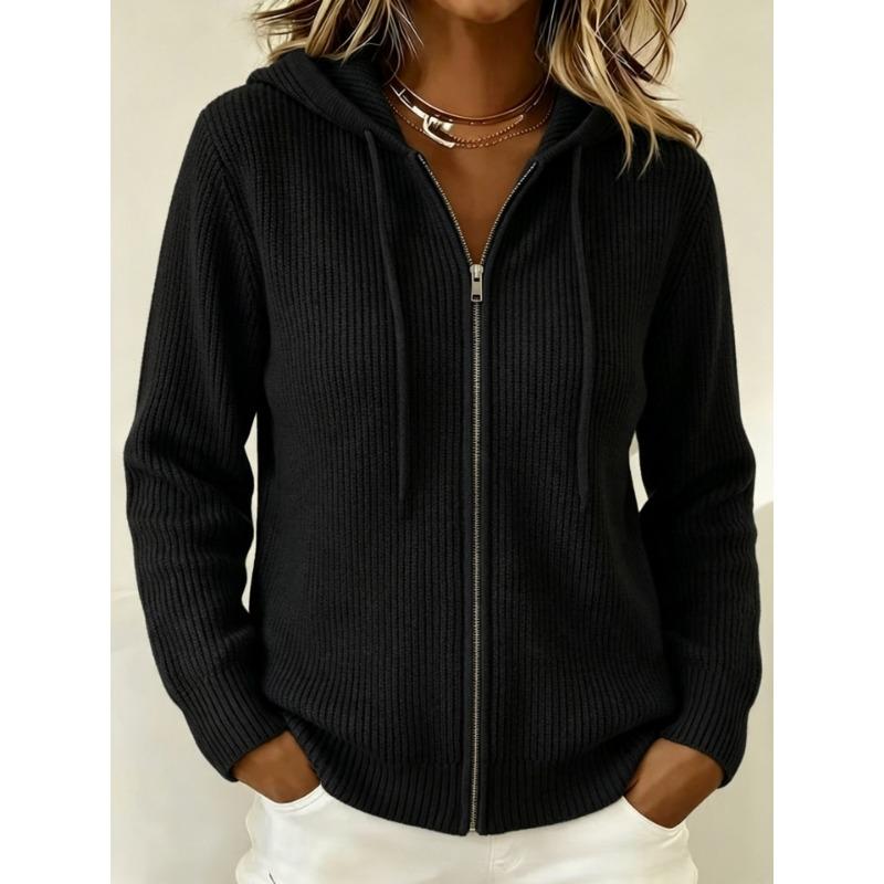 Women S Hooded Zip Knit Cardigan Casual Loose Solid Color Sweater Coat
