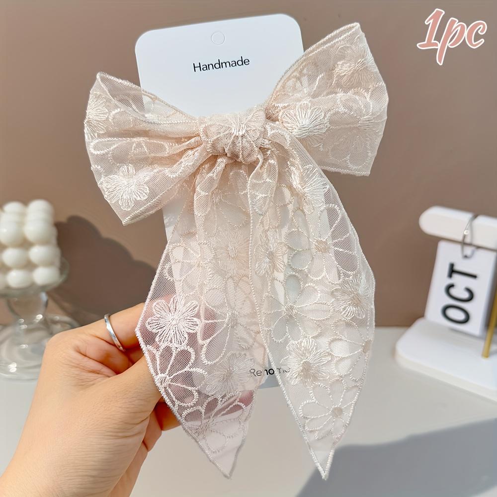 1Pc Elegant Hair Clip, Embroidered Floral Hair Accessory For Daily Wear, Long Tassel Bow Hair Clip, Gift Hair Accessory светло-коричневого