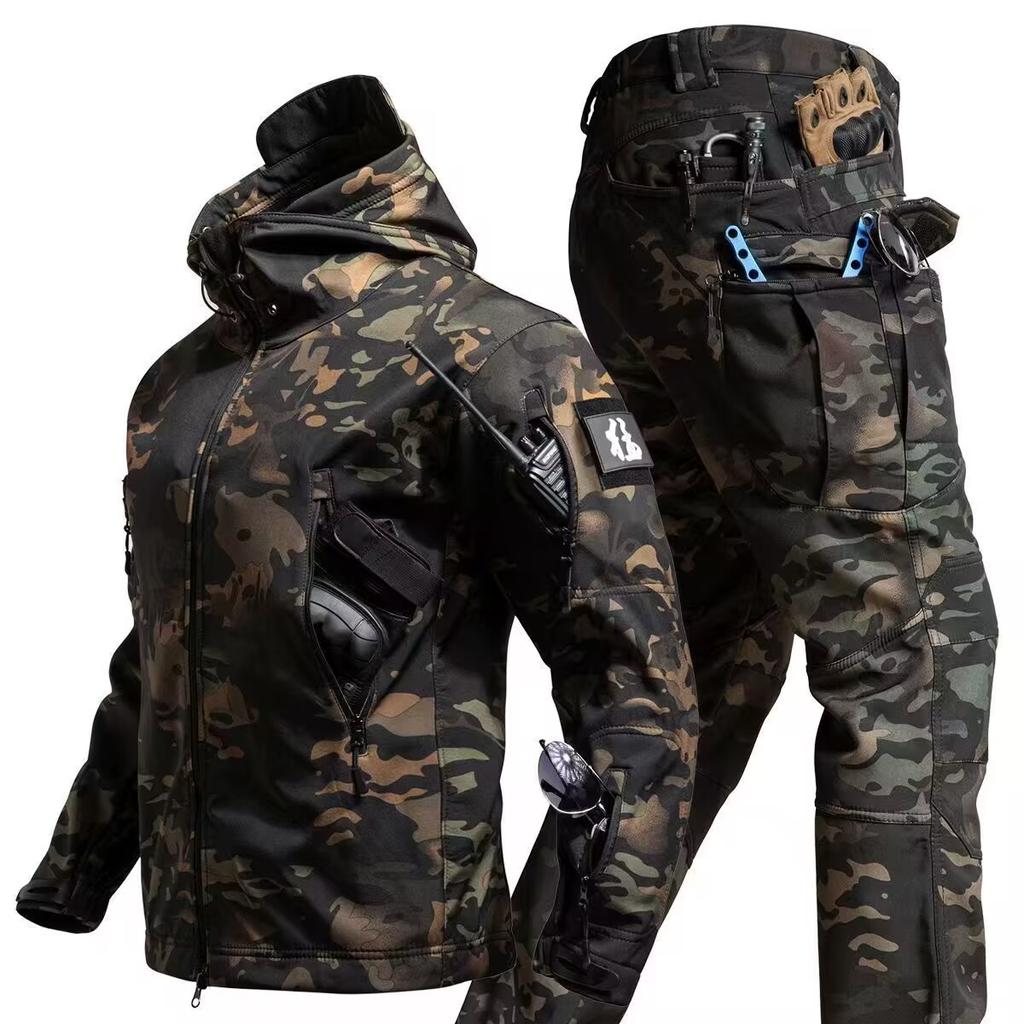 Tactical Waterproof Men Camo Set Soft Shell Fleece Winter Combat Suit Windbreak Warm Multi Pocket Outdoors Training Uniform