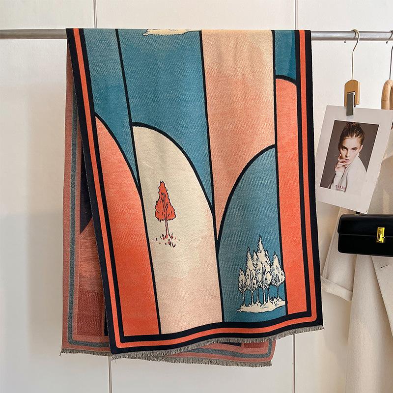 Autumn And Winter National Style Plants And Flowers Landscape Painting Elegant Women Warm Scarf Fashion Retro Shawl