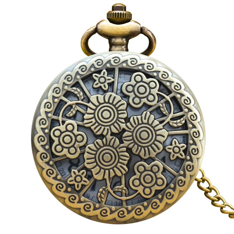 

Vintage Bronze Clamshell Creative Cutout Flower Carved Necklace Quartz Pocket Watch Fashion Male And Female Students Universal бронзовий