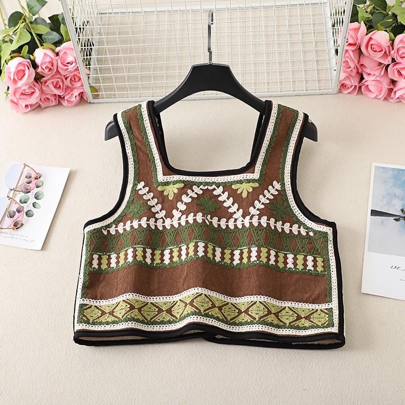 Womens Corduroy Vest With Embroidered Floral Warm Fleece Lined Short Sleeveless Outdoor Camping Waistcoat