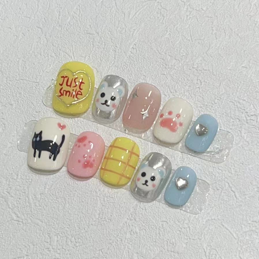 

Плетеные вручную короткие накладные ногти-броня, милый расписанный вручную мультяшный маникюр с котиком, накладки для маникюра, готовое изделие Large L