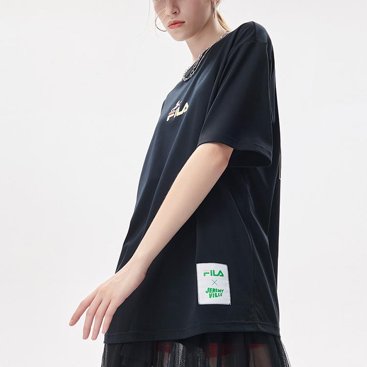 FILA Fusion x Jeremyville Collaboration Streetwear Skateboard Print Loose Fit Short Sleeve T-Shirt Unisex tops Deep-Black T11U139103FBK