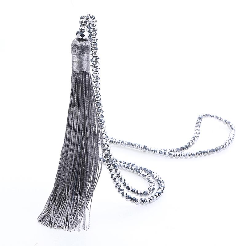 Fashion 14 Colors Long Fringe Silk Tassel Necklace Women Glass Bead Crystal Pendant Necklaces Statement Vintage Bohemian Jewelry