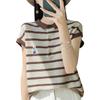 IHUASU Women's Summer Knitted Short Sleeve POLO Collar Collision Stripe T-Shirt Tencel Embroidery Short Sleeve Fashion Loose Top