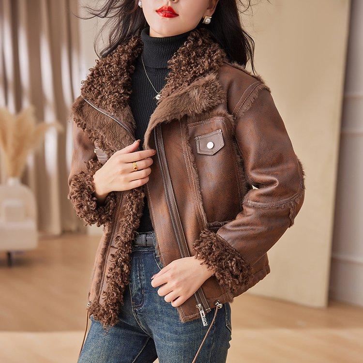 Pelzintegrierte Jacke Damen Winter Ausländischer Stil Fortgeschrittener Sinn Verdickt Warm Mütterlich Altersreduzierende Lederjacke