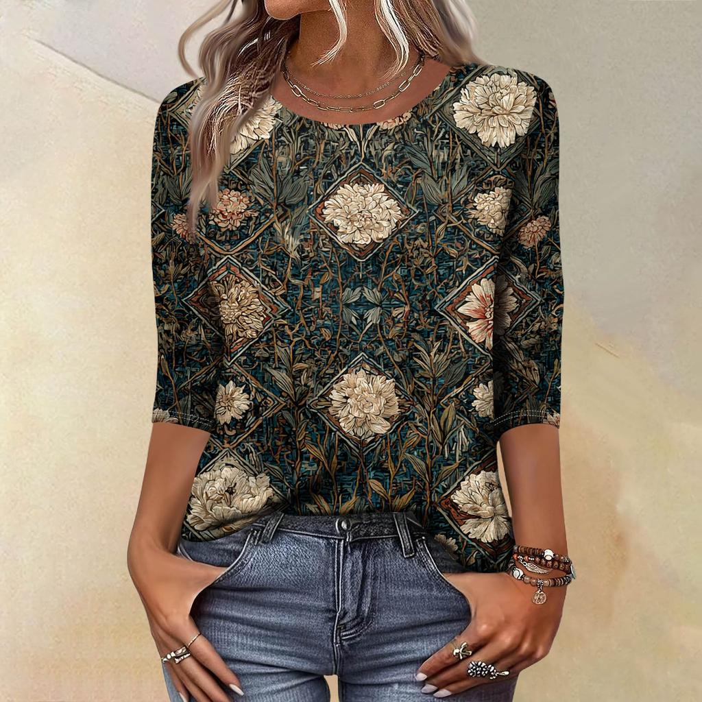 Trendy Vintage 3/4 Sleeve Top For Women ,Ladies Casual Three Quarter Sleeve Round Collar Printed T-Shirt Blouse