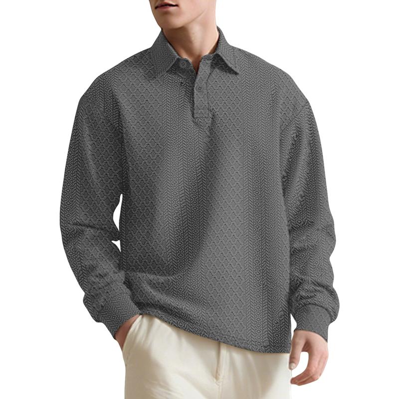 

Loose Long Sleeve Men s Polo Shirt Textured Knit Solid Color Button New Style Sweatshirt Casual Comfortable Fit S серый