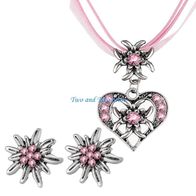 HX6F Fashion Earrings Necklaces Set for Women Heart Shaped Crystal Pendant Necklace Edelweiss Clavicle Chain Wedding Gift