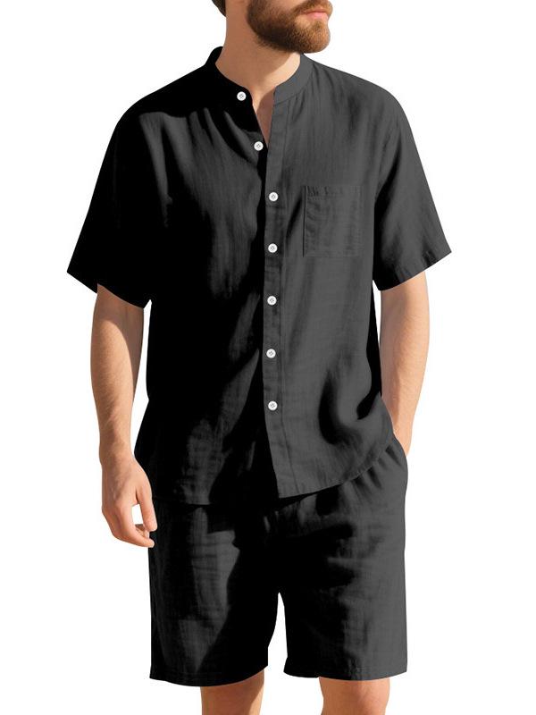 Men's Linen Henley Collar Beach Set: Summer Hawaii Short Sleeve Shirt & Shorts