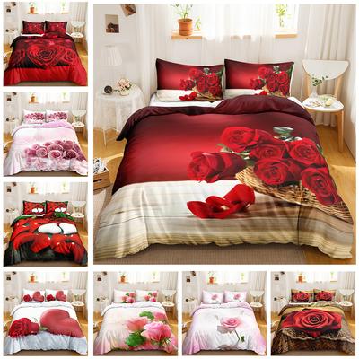 Red Rose Duvet Cover Set King/Queen Size Soft Luxury Abstract Floral Modern Bright Red Romantic Comforter Cover For Woman Girls