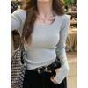 Square neck bottoming shirt, long-sleeved top in early winter, female slim-fitting and thin, small short knitted sweater