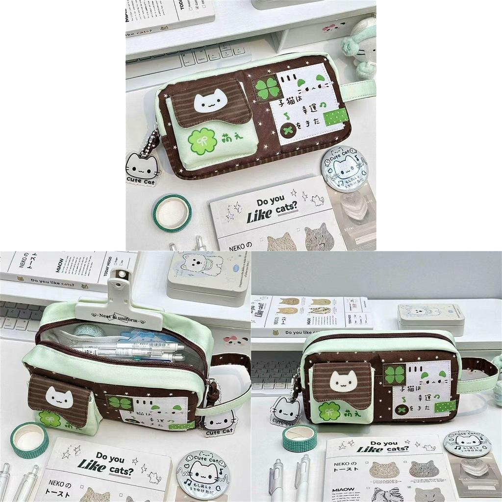 Four Leaf Clover Cat Pencil Case With Large Capacity For Students And Office Use